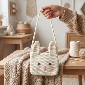 May include: A cream-colored, crocheted bunny-shaped purse with a long strap. The bunny face features pink blush, a pink nose, and black eyes. The purse is held by a person in a tan sweater.