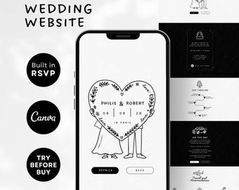 Plantilla ilustrada para sitio web de bodas / Plantilla para sitio web de bodas / Confirmación de asistencia para sitio web de bodas en Canva / Sitio web de bodas original, invitación digital para bodas