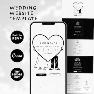 ウェディングウェブサイトテンプレート | ウェディングウェブサイトテンプレート | CanvaウェディングウェブサイトRSVP | イラスト入り手描きウェディングウェブサイト、デジタルウェディング招待状