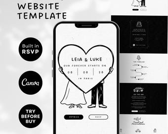 Plantilla de sitio web para bodas / Plantilla de sitio web para bodas / RSVP de sitio web de bodas Canva / Sitio web de bodas ilustrado a mano, Boda digital Evite
