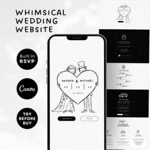 May include: A whimsical wedding website design displayed on a smartphone. The design features a heart-shaped graphic with the names "Andrea & Michael" and the date. Additional elements include RSVP and Canva buttons, and the text "Try Before Buy."