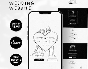 Plantilla de sitio web de boda original / Plantilla de sitio web de boda / Sitio web de boda con confirmación de asistencia en Canva / Sitio web de boda ilustrado, invitación digital para bodas