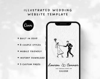 Plantilla de sitio web de boda con RSVP para Canva / Sitio web de boda ilustrado para novios / Boda Evite / Plantilla de invitación para sitio web de boda