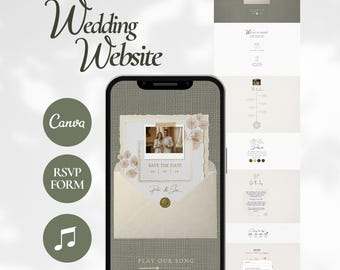 Plantilla web de boda de estilo clásico en Canva con confirmación de asistencia / Invitación de boda con temática de vegetación digital / Plantilla web de boda editable en Sage