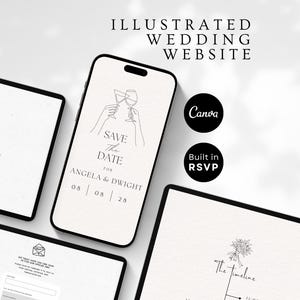 Könnte beinhalten: Ein digitales Hochzeitswebsite-Design, das auf einem Smartphone und Tablets angezeigt wird. Das Telefon zeigt eine "Save the Date"-Ankündigung. Das Design enthält den Text "Illustrated Wedding Website", "Canva" und "Built in RSVP".