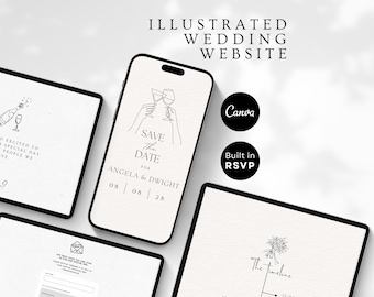 Plantilla de sitio web de bodas con confirmación de asistencia para Canva / Sitio web de bodas ilustrado / Invitación de boda dibujada a mano / Plantilla de sitio web de bodas Evite