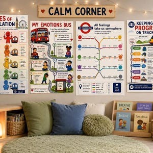 Calm Corner Zones of Regulation, Emotions Bus, Feelings Map Posters (5-Pack)