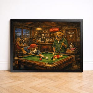 Impresión de perros divertidos jugando al billar, pintura de perro para pared, póster humorístico de perros jugando al billar, decoración de bar, regalo para amantes de los perros, arte rupestre.