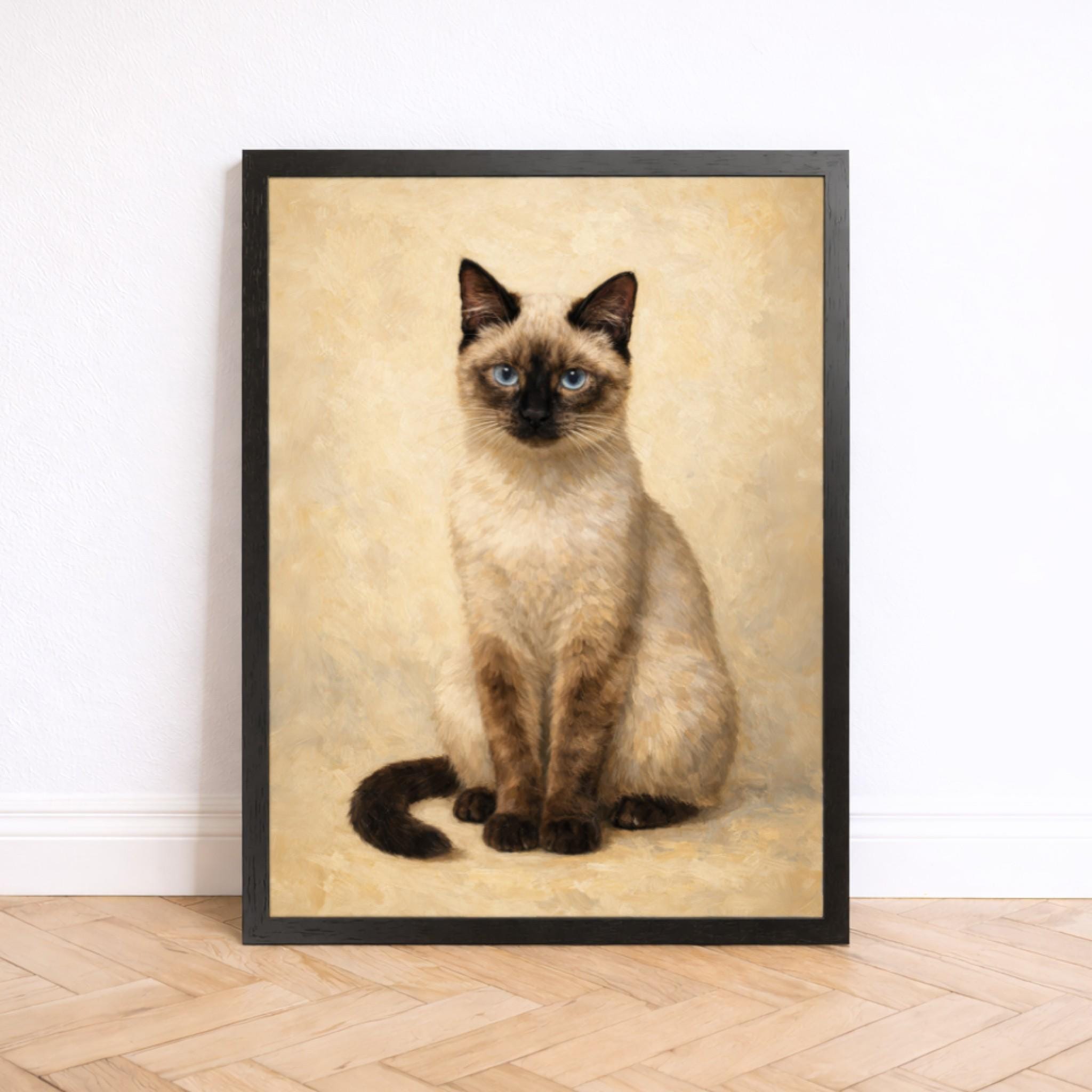 Siamese Cat Wall Art Print, Original Cat Portrait, Neutral Vintage Style Pet Artwork, Cosy Retro Home Decor Gift
