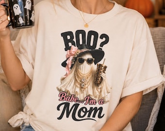 Spooky Mama Shirt, Funny Halloween Mom Tee, Cute Ghost Graphic T-Shirt, Coffee Mom Outfit, Halloween Gift for Mama