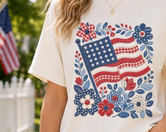 American Flag Floral Tee, Faux Patchwork Patriotic Shirt, Vintage Fourth of July Shirt for Women