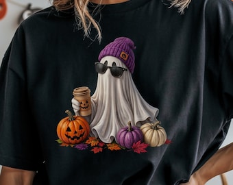 Funny Ghost Shirt, Halloween Graphic Tee with Coffee Ghost and Pumpkins, Cute Retro Ghost Fall T-Shirt