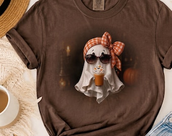 Coquette Bow Ghost Shirt, Cute Halloween Graphic Tee, Spooky Season Fall Gift, Pumpkin Spice Coffee T-Shirt