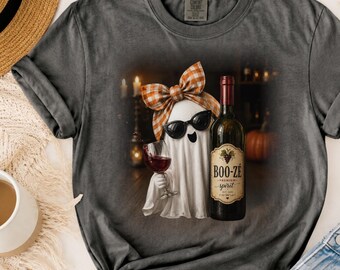 Halloween Wine Lover Shirt, Cute Ghost Wine Tee for Women, Funny Booze Halloween Shirt, Spooky Season Gift for Her