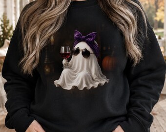 Halloween Wine Sweatshirt, Ghost Wine Crewneck or Hoodie, Funny Halloween Ghost Pullover, Spooky Season Wine Lover Gift
