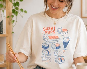 Camiseta Bulldog Francês Sushi, Camiseta Fofa com Estampa de Cachorro Sushi, Camiseta Kawaii de Bulldog Francês, Camiseta Divertida para Mãe de Cachorro