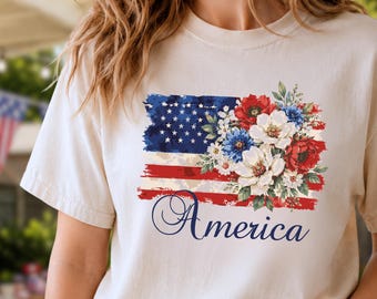 4th of July Shirt Floral American Flag Graphic Ivory Americana Tee