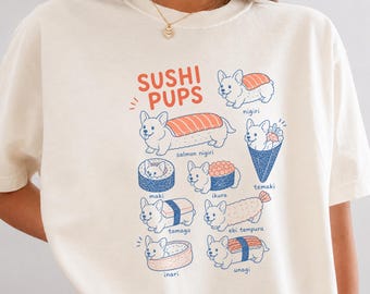 Camiseta Corgi Sushi, Camiseta Fofa com Estampa de Cachorro Sushi, Camiseta Kawaii para Amantes de Cachorros, Camiseta Divertida com Estampa de Cachorro