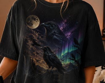 Raven Moon Shirt, Gothic Raven Tee, Celestial Crow Shirt, Raven Lover Gift, Northern Lights Shirt, Dark Nature Graphic Tee