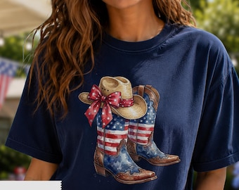 Patriotic Cowgirl Boots Tee, American Flag Western Shirt, Fourth of July Country Tee, USA Cowboy Hat Shirt