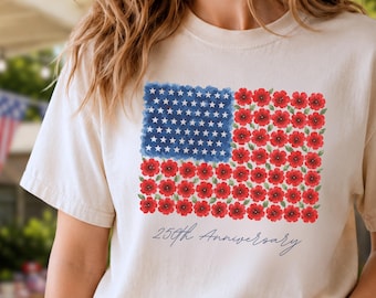Floral American Flag Shirt Patriotic Poppy USA Tee for Women 250th Anniversary Fourth of July