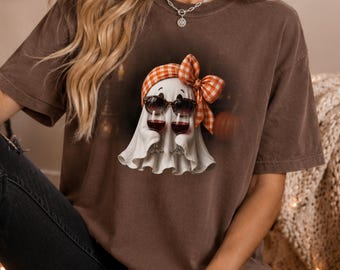Halloween Ghost Shirt for Women, Cute Wine Ghost Tee, Funny Wine Lover Shirt, Spooky Season Halloween Graphic Tee