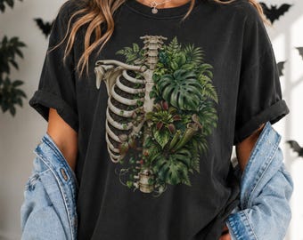 Halloween Skeleton Plant Shirt, Gothic Botanical Tee, Plant Lover Gift, Plant Mom, Plant Lady Gift, Botanical Skeleton Art