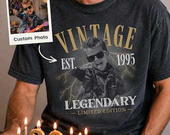 Camiseta de aniversário personalizada com foto, camiseta vintage com o ano de nascimento, camiseta Comfort Colors personalizada, presente de aniversário lendário para homens.