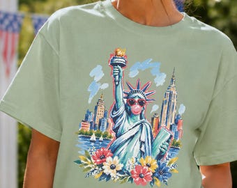 Camisa patriótica floral / Camiseta con la Estatua de la Libertad en verde bahía para el atuendo del 4 de julio