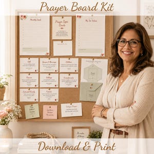 May include: A cork bulletin board displaying a Prayer Board Kit with various printed cards, including Monthly Goals, My Top Values, and Prayer Topic Cards, all pinned to the surface. The kit includes small envelopes and prayer prompts.