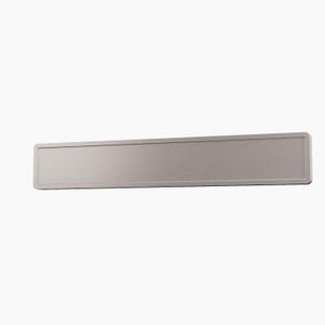 May include: A rectangular, metallic silver license plate blank with a smooth, flat surface and a raised border frame. The object is oriented horizontally and features a uniform, matte finish across its entire front-facing rectangular panel.