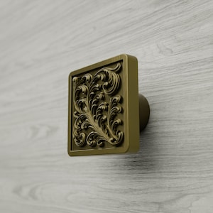 Brass Cabinet Knob, Square Acanthus Scroll Dresser Hardware, Six Metal Finishes