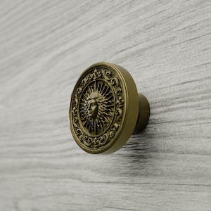 Satin Brass Cabinet Knob, Round Radiant Sun Face Drawer Hardware