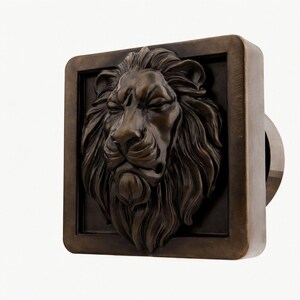 Puede incluir: Aldaba de puerta con cabeza de león en bronce. La cara del león está detallada, con una melena fluida y una expresión severa. La aldaba es cuadrada con esquinas redondeadas y un asa circular en la parte posterior.