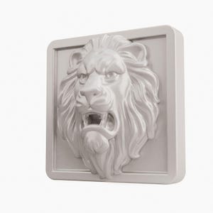 May include: A square, light gray wall plaque featuring a high-relief, three-dimensional sculpture of a lion's head. The lion is depicted with a full mane, forward-facing ears, and an open mouth, set against a smooth, flat, square background.