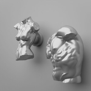 Pode incluir: Dois ganchos de parede prateados em forma de torsos humanos. Um gancho retrata um torso esguio de estilo feminino, enquanto o outro apresenta um torso musculoso de estilo masculino. Ambas as peças têm um acabamento metálico e superfície lisa.