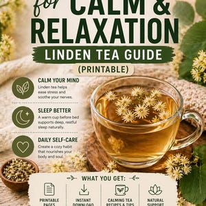 Pode incluir: Guia imprimível para um Ritual de Chá da Noite para Calma e Relaxamento. A imagem mostra uma xícara de chá com flores, texto e ícones que promovem o relaxamento, sono melhor e autocuidado. O guia inclui receitas e dicas.