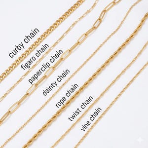 May include: A collection of gold-colored necklaces, each with a unique chain design. The image showcases various styles, including curb, figaro, paperclip, dainty, rope, twist, and vine chains. Text labels identify each chain type, offering a visual guide to the different necklace styles.