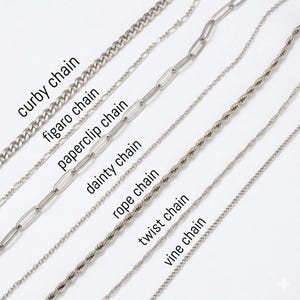 May include: A collection of silver-colored chain necklaces, each with a unique design. The image displays seven different chain styles, including a curb chain, figaro chain, paperclip chain, dainty chain, rope chain, twist chain, and vine chain. Text labels identify each style.