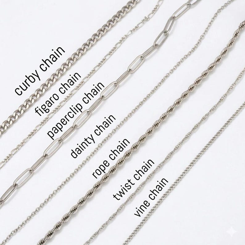 May include: A collection of silver-colored chain necklaces, each with a unique design. The image displays seven different chain styles, including a curb chain, figaro chain, paperclip chain, dainty chain, rope chain, twist chain, and vine chain. Text labels identify each style.