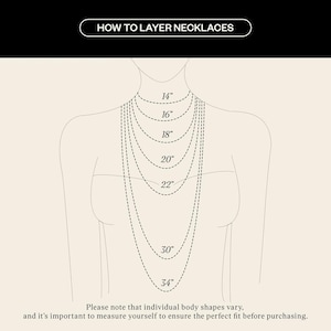 May include: Diagram illustrating how to layer necklaces, with lengths from 14 inches to 34 inches. The image includes text that reads "HOW TO LAYER NECKLACES" and a note about body shapes and measuring for fit.