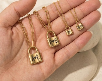 18K Gold Plated Sterling Silver Lock Initial Pendant Necklace, Personalized Engraved Chain