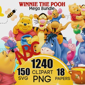 Könnte beinhalten: Ein digitales Kunstpaket mit Winnie Puuh und seinen Freunden. Das Bild zeigt Illustrationen von Puuh, Tigger, Ferkel, Eeyore und Kanga. Das Bild enthält auch den Text "WINNIE THE POOH Mega Bundle" und die Zahlen "1240", "150" und "18".