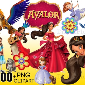 May include: A digital illustration featuring characters from the animated series, including a princess in a red gown, a princess on a swing, and a jaguar-like creature with wings. The word "Avalor" is displayed in a decorative banner, with the text "100 + PNG CLIPART" below.