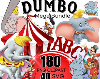 Dumbo Svg Bundle, Flying Dumbo Png Transfer, Cute Baby Elephant Design, Birthday Party Cliparts Circus Baby Shower Decorations Cartoon Movie