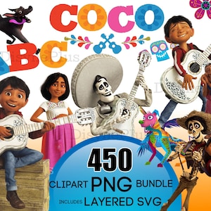 May include: A digital art bundle featuring characters and elements from the Disney Pixar movie "Coco." The image includes the word "Coco" in colorful letters, along with various characters playing guitars and the text "450 Clipart PNG Bundle."