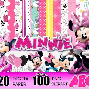 Puede incluir: Un paquete de arte digital con Minnie Mouse. La imagen incluye varias ilustraciones de Minnie Mouse, papeles digitales estampados en rosa y la palabra "MINNIE" en una fuente rosa en 3D. La imagen tambi&eacute;n incluye el texto "20 DIGITAL PAPER" y "100 PNG CLIPART".