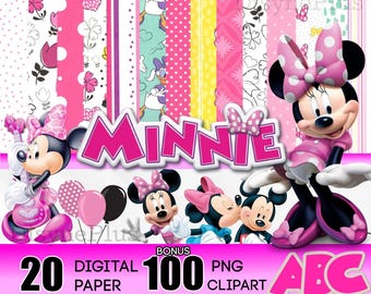 Minnie Mouse Digital Paper 2026 Png Birthday Cake Topper, Disney Scrapbook Paper Baby Shower Cartoon Poster Font Alphabet Kids Tshirt Design
