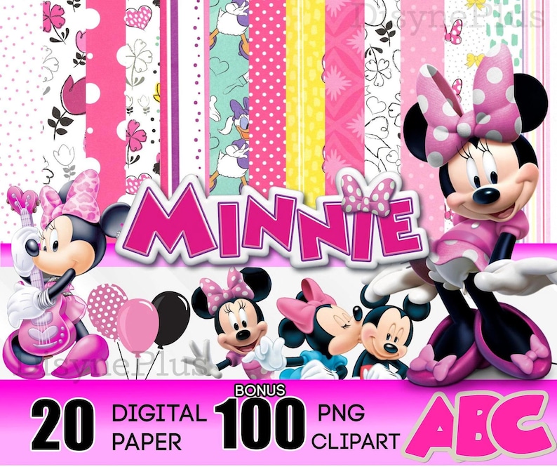 Puede incluir: Un paquete de arte digital con Minnie Mouse. La imagen incluye varias ilustraciones de Minnie Mouse, papeles digitales estampados en rosa y la palabra "MINNIE" en una fuente rosa en 3D. La imagen tambi&eacute;n incluye el texto "20 DIGITAL PAPER" y "100 PNG CLIPART".
