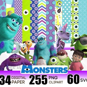 Könnte beinhalten: Ein digitales Kunstpaket mit Charakteren aus dem Animationsfilm "Die Monster AG". Das Bild zeigt Sulley, Mike Glotzkowski und Boo, zusammen mit gemusterten Digitalpapieren. Der Text gibt 34 Digitalpapiere, 255 PNG-Cliparts und 60 SVG-Dateien an.